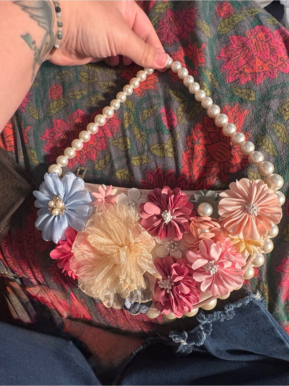 Floral Pearl-Handle Evening Clutch - Pink Multi